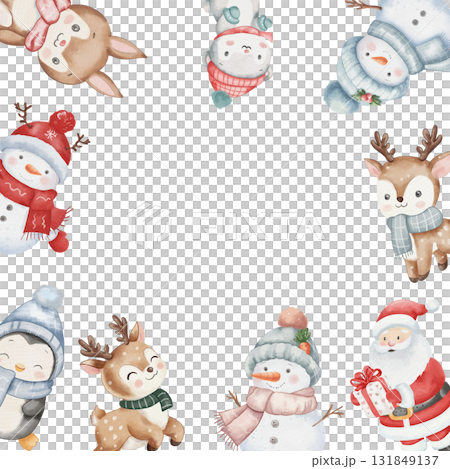 Adorable square watercolor frame with Christmas characters - Santa, snowman, penguin, reindeer and bunny. Perfect for cards and invitations. Childish illustration with white background, copy space 131849137