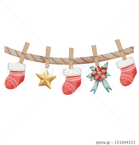 Charming watercolor Christmas garland with red Santa socks for candy, gold star and poinsettia on rope with wooden clothespins. Isolated on white background. 131849151