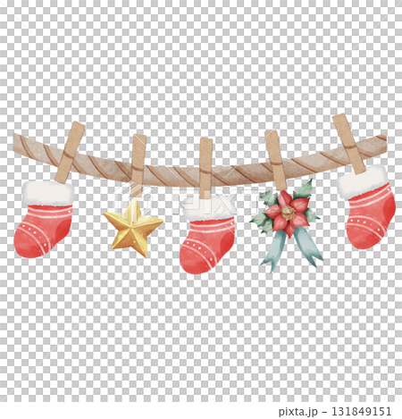 Charming watercolor Christmas garland with red Santa socks for candy, gold star and poinsettia on rope with wooden clothespins. Isolated on white background. 131849151