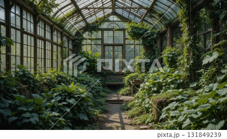 Abandoned Greenhouse Filled With Lush Greenery and Sunlight Streaming Through Broken Glass Abandoned Greenhouse Filled With Lush Greenery and Sunlight Streaming Through Broken Glass 131849239