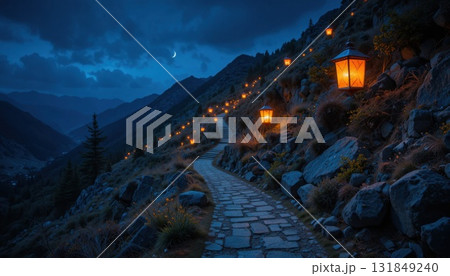 Pathway Illuminated by Lanterns on a Mountain Trail at Twilight With a Crescent Moon in the Background Pathway Illuminated by Lanterns on a Mountain Trail at Twilight With a Crescent Moon in the Background 131849240