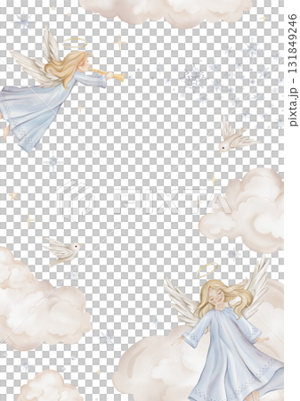 Vertical Banner watercolor illustration with angel with nimbus. Postcard for Christmas or Christian Nativity for religious baptism. Hand drawn illustration clouds and birds, stars, snowflakes Vertical Banner watercolor illustration with angel with nimbus. Postcard for Christmas or Christian Nativity for religious baptism. Hand drawn illustration clouds and birds, stars, snowflakes 131849246