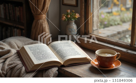 Cozy Reading Nook With a Book and Cup of Tea by the Window During a Quiet Afternoon 131849306