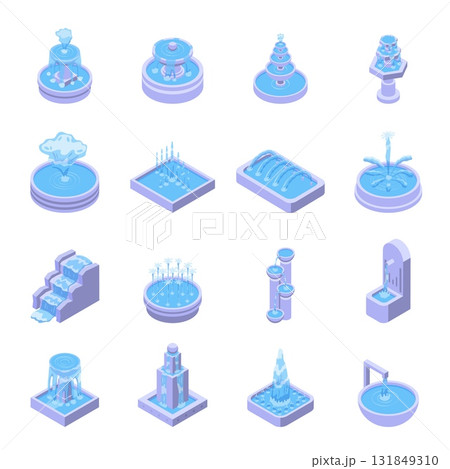 Isometric fountains. Water fountain for park, garden, outdoor rest zones design. Urban stone decorations, architecture elements, nifty vector set Isometric fountains. Water fountain for park, garden, outdoor rest zones design. Urban stone decorations, architecture elements, nifty vector set 131849310