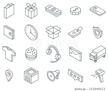 Isometric e-commerce icons. Delivery and transportation. Online shopping, e-marketing and logistic. Goods outline icon, food and clothes, nifty vector set Isometric e-commerce icons. Delivery and transportation. Online shopping, e-marketing and logistic. Goods outline icon, food and clothes, nifty vector set 131849311