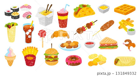 Doodle fast food elements. Asian and european street food. Noodles, kebab, sushi and rolls, burger and nuggets, taco. Tasty meals icons neoteric vector set 131849332