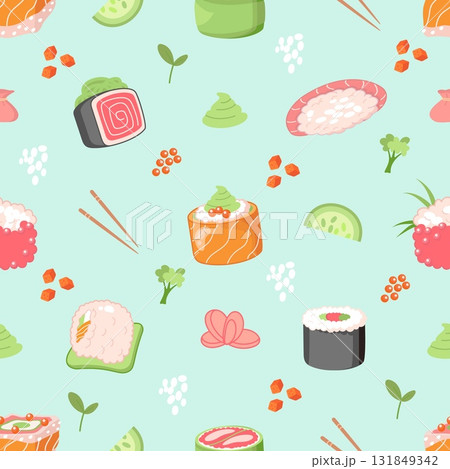 Sushi seamless pattern. Fish rice nori and vegetables, asian japanese chinese food. Fabric wallpaper wrapping print template, nowaday vector background 131849342