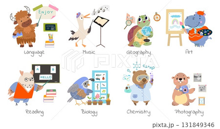 Cartoon animals teachers. Bear scientist or chemist, turtle geography, sparrow biology teaching. Funny animal characters for preschool, nowaday vector set 131849346