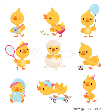 Cartoon yellow ducklings. Funny duckling characters various poses. Newborn duck in edd shell, sleep and sport training. Cute farm birds, nowaday vector set 131849348