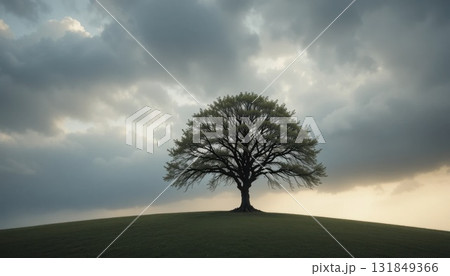 Majestic Tree Stands Alone on a Hill Under a Dramatic Cloudy Sky During Dusk 131849366