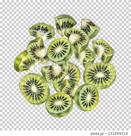 Green, juicy kiwi slices in a round composition on a white background. Watercolor botanical template for posters, labels, cards, scrapbooking, and packaging for jams, drinks, and food products Green, juicy kiwi slices in a round composition on a white background. Watercolor botanical template for posters, labels, cards, scrapbooking, and packaging for jams, drinks, and food products 131849519