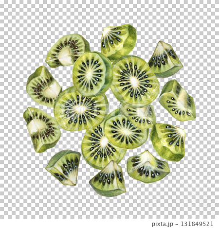 Green, juicy kiwi slices in a round composition on a white background. Watercolor botanical template for posters, labels, cards, scrapbooking, and packaging for jams, drinks, and food products Green, juicy kiwi slices in a round composition on a white background. Watercolor botanical template for posters, labels, cards, scrapbooking, and packaging for jams, drinks, and food products 131849521