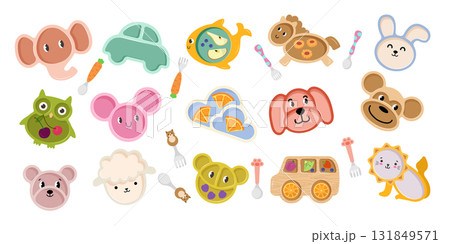 Tableware. Colorful collection of kids utensil forks spoons dishes recent vector illustration 131849571