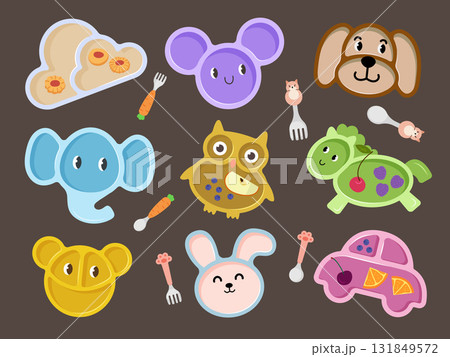 Kids utensil. Funny tableware collection spoons and forks recent vector children illustration Kids utensil. Funny tableware collection spoons and forks recent vector children illustration 131849572