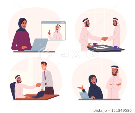 Arabian business. Muslim characters make a business connection meeting people professional conversation exact vector arabic person 131849580