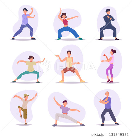 Tai chi. Chinese martial arts characters making different action scenes exact vector collection people Tai chi. Chinese martial arts characters making different action scenes exact vector collection people 131849582