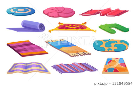 Wool carpets. Fabric textile cozy carpets collections exact vector house tools for room design 131849584