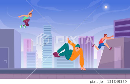 Parkour background. City landscape with active sport extreme athletes running and jumping exact vector cartoon background template 131849589
