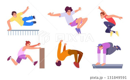 Parkour. Extreme outdoor runners and jumpers in urban streets exact vector active lifestyle sport athletes 131849591