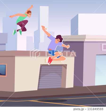 Parkour. sport athletes running and jumping in urban roof. extreme characters Parkour. sport athletes running and jumping in urban roof. extreme characters 131849593