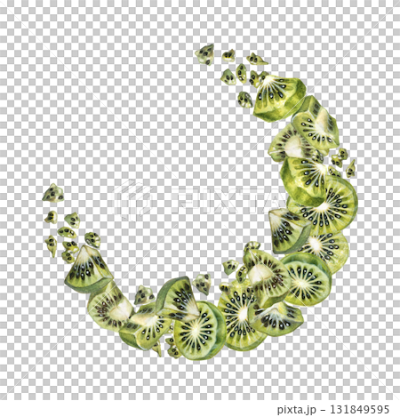 Green juicy kiwi slices in a semicircular border on a white background. Watercolor botanical template for posters, labels, cards, scrapbooking, and packaging for jams, drinks, and food products Green juicy kiwi slices in a semicircular border on a white background. Watercolor botanical template for posters, labels, cards, scrapbooking, and packaging for jams, drinks, and food products 131849595