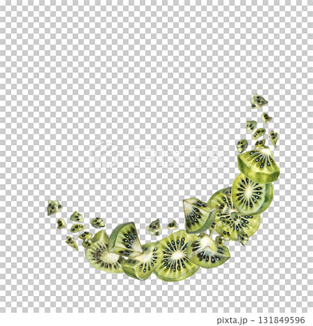 Green juicy kiwi slices in a semicircular border on a white background. Watercolor botanical template for posters, labels, cards, scrapbooking, and packaging for jams, drinks, and food products Green juicy kiwi slices in a semicircular border on a white background. Watercolor botanical template for posters, labels, cards, scrapbooking, and packaging for jams, drinks, and food products 131849596