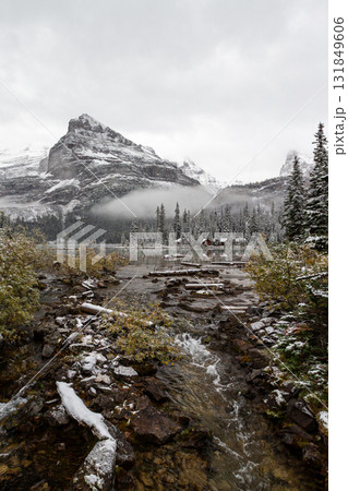 冬のオハラ湖へ注ぐ小川とシャファー山 131849606