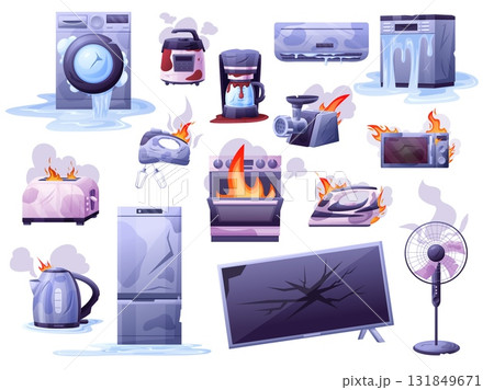 Damaged home electronics. Broken house appliances, different gadgets in fire and water. Burning microwave, iron, teapot, nowaday vector set 131849671