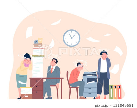 Office stress concept. Very tired managers working with paperwork. Social services, administration staff or accounting with dizziness, recent vector scene 131849681