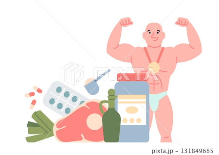 Bodybuilder and nutrition. Athlete male with food and supplements for gaining muscle mass. Muscular character, vitamins, protein food, recent vector scene Bodybuilder and nutrition. Athlete male with food and supplements for gaining muscle mass. Muscular character, vitamins, protein food, recent vector scene 131849685
