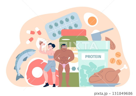 Sport nutrition. Bodybuilders with various protein food, supplements, vitamins. Healthy diet for fitness models and athletes, fish, meat, nuts, recent vector scene 131849686