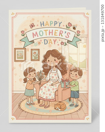 Mother's Day card featuring a smiling mother sitting in a chair, while her daughter offers flowers and her son presents a gift Mother's Day card featuring a smiling mother sitting in a chair, while her daughter offers flowers and her son presents a gift 131849700