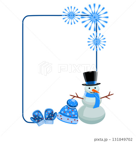 Holiday frame with snowman, mittens, hat, snowflakes, vector illustration 131849702