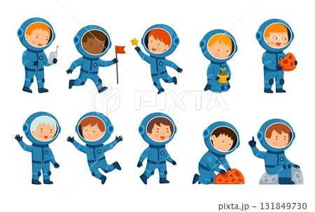Cartoon kids astronauts. Children spaceman space adventure cute characters, boy and girl in cosmonaut costume cosmic costume child exploring galaxy, set kicky vector illustration Cartoon kids astronauts. Children spaceman space adventure cute characters, boy and girl in cosmonaut costume cosmic costume child exploring galaxy, set kicky vector illustration 131849730