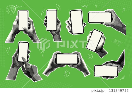Smartphone halftone collage. Hand hold phone, cellphone screen social media mockup mixed mobile app telephone retro paper news pop art cutout sticker set exact vector illustration 131849735