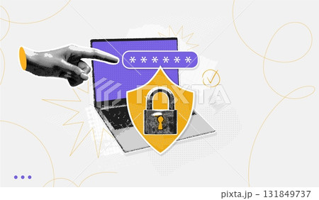 Cybersecurity collage. Secure cyber password, computer information protect shield padlock lock hacker key save internet safety data technology, halftone exact vector illustration Cybersecurity collage. Secure cyber password, computer information protect shield padlock lock hacker key save internet safety data technology, halftone exact vector illustration 131849737