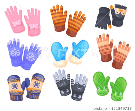 Cartoon winter gloves. Warm mittens, child glove for snow weather or cold autumn season cute mitten kid hand clothing wool fabric garment, wintertime set neat vector illustration Cartoon winter gloves. Warm mittens, child glove for snow weather or cold autumn season cute mitten kid hand clothing wool fabric garment, wintertime set neat vector illustration 131849738