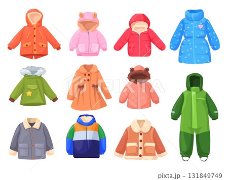Children winter coats. Kids warm clothes, fashion coat modern jacket girl boy outerwear outfit cold autumn season wardrobe baby child garment for snow walk neat vector illustration Children winter coats. Kids warm clothes, fashion coat modern jacket girl boy outerwear outfit cold autumn season wardrobe baby child garment for snow walk neat vector illustration 131849749