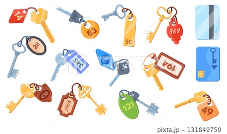 Hotel keys. Motel key with room number on tag, door locker card travel apartment security technology rooms label keychains keyrings fob pendant chain set, neat vector illustration Hotel keys. Motel key with room number on tag, door locker card travel apartment security technology rooms label keychains keyrings fob pendant chain set, neat vector illustration 131849750
