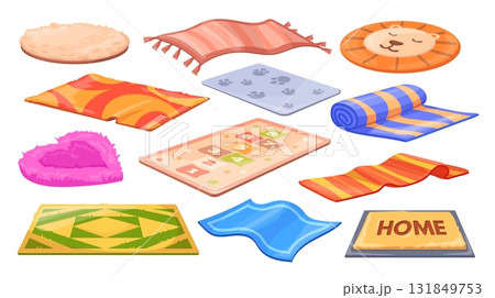 Cartoon rugs. Wool carpet roll, mat for yoga or dog pet fluffy rug bedroom living room kid floor cloth cover home doormat handmade carpets picnic, set neat vector illustration Cartoon rugs. Wool carpet roll, mat for yoga or dog pet fluffy rug bedroom living room kid floor cloth cover home doormat handmade carpets picnic, set neat vector illustration 131849753