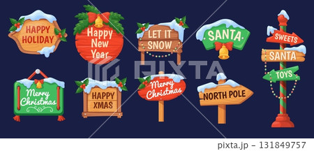 Christmas wooden signs. Cartoon xmas snowy signboards, wood arrow direction signage north pole way to santa pointer noel signpost poles game plank board, neat vector illustration 131849757