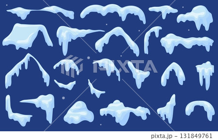 Roof snow caps. Cartoon snowy cap rooftop, snowdrift pile melt icicles christmas village house winter decoration ice border building trees landscape set, neat vector illustration Roof snow caps. Cartoon snowy cap rooftop, snowdrift pile melt icicles christmas village house winter decoration ice border building trees landscape set, neat vector illustration 131849761