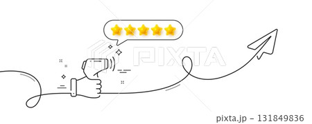 Electronic thermometer line icon. Continuous line with share plane. Temperature scanner sign. Fever measuring symbol. Five star rate review in speech bubble. Vector 131849836