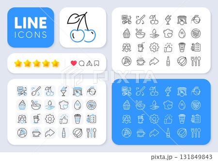 Food delivery, Market and Coffee cup line icons for web app. Message, Share, Like social media icons. Pack of Wedding glasses, Cupcake, Prohibit food pictogram icons. Vector 131849843
