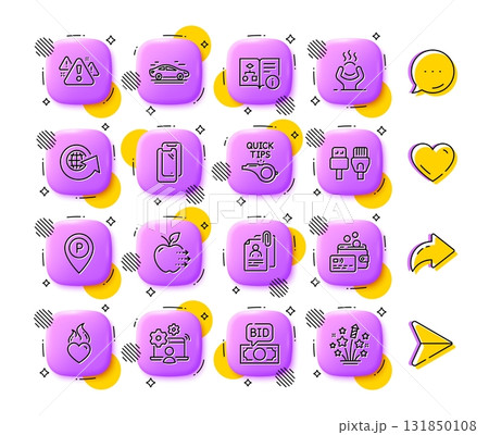 Technical algorithm, Tutorials and Car line icons. App 3d buttons. Social media comment, share, like icons. Pack of Parking, Food delivery, Computer cables icon. Vector 131850108
