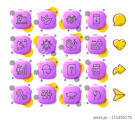 Face scanning, Favorite and Graph chart line icons. App 3d buttons. Social media comment, share, like icons. Pack of Organic product, Payment, Scroll down icon. Vector 131850178