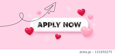 Apply now search bar. Share plane line icon. Apply now. Register today sign. Job hiring symbol. Search button with 3d hearts. Vector 131850275