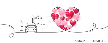 Car secure line icon. Continuous line big heart. Insurance shield sign. Safe defense symbol. 3d hearts in heart shaped loop. Car secure single line ribbon. Loop curve pattern. Vector 131850315