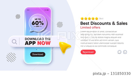 Discount tag mobile phone banner. App chat speech bubble. Up to 60 percent off sale. Discount offer price sign. Special offer symbol. Save 60 percentages. Phone template with search bar. Vector 131850330