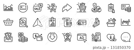 Savings insurance, Payment card and Launder money line icons pack. Share, Message, Paper plane icons. Stock analysis, Discounts cart, Ad web icon. Making money, Bribe, Grocery basket pictogram. Vector Savings insurance, Payment card and Launder money line icons pack. Share, Message, Paper plane icons. Stock analysis, Discounts cart, Ad web icon. Making money, Bribe, Grocery basket pictogram. Vector 131850370
